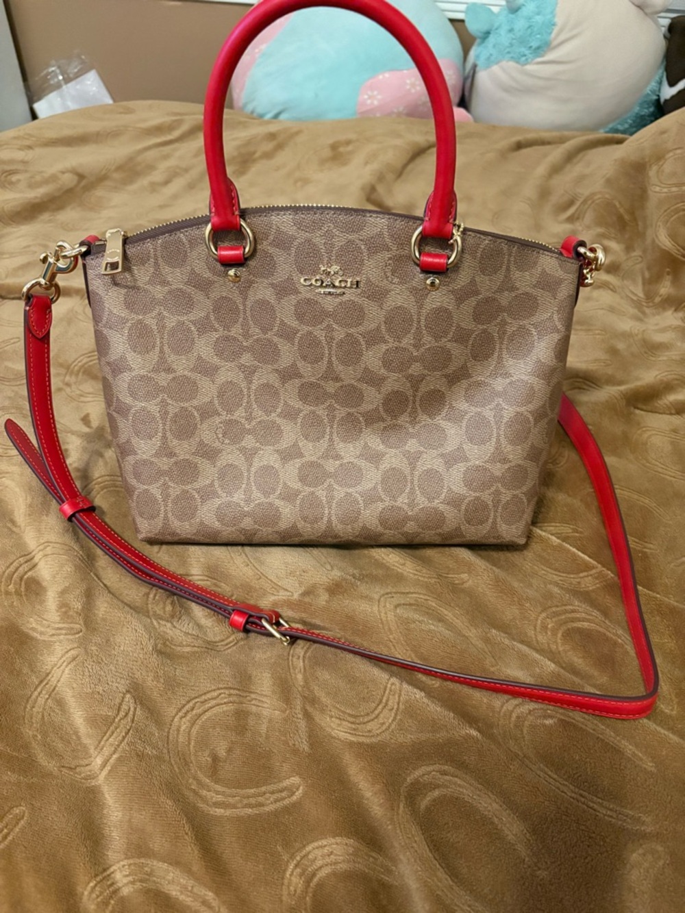 COACH Signature Canvas Satchel with Red Trim and card holder zipper wallet
